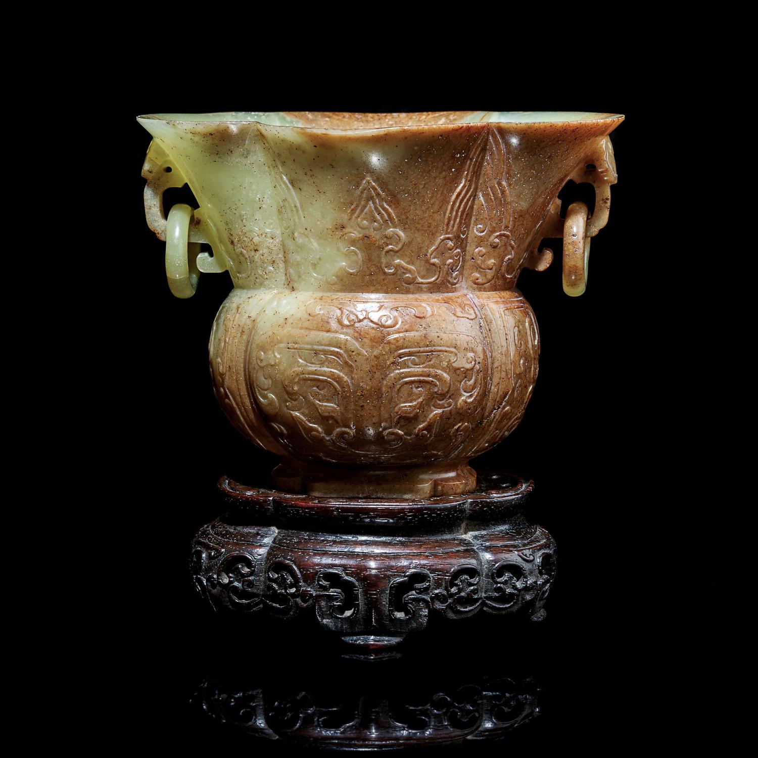 A Chinese Yellow Jade 'Lobed' Zun Vase 黃玉仿古饕餮紋海棠尊
