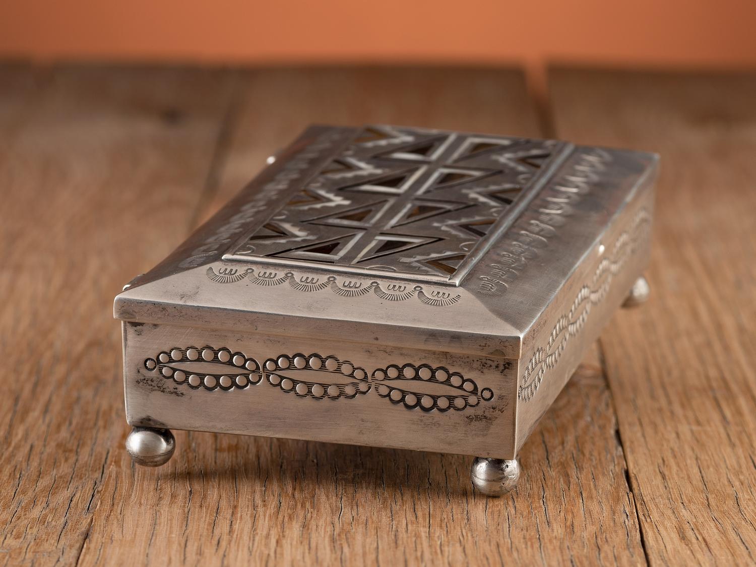 Award Winning Heavily Stamped Sterling Silver Box with Mosaic Inlay