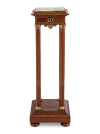 A Continental Gilt Bronze and Enamel Medallion Mounted Mahogany Marble-Top Pedestal