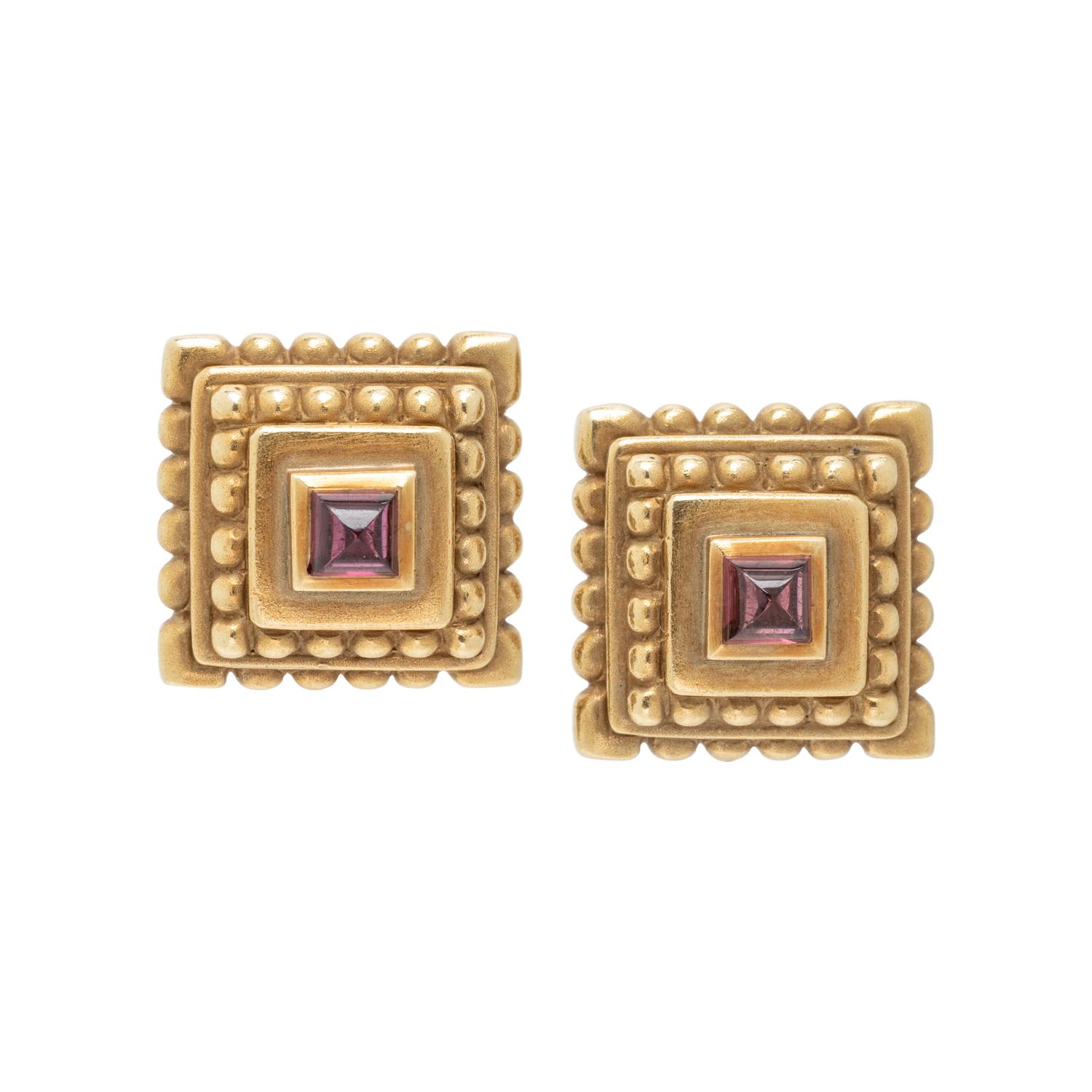 VAHE NALTCHAYAN, YELLOW GOLD AND RHODOLITE GARNET EARRINGS