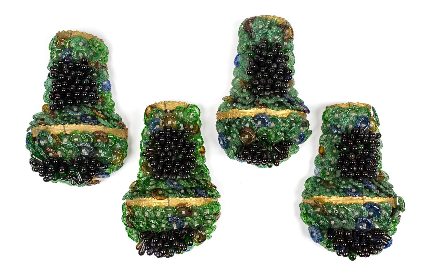 A Set of Four Continental Gilt Bronze and Colored Glass Wall Sconces Height 15 inches. — FIRST HALF 20TH CENTURY