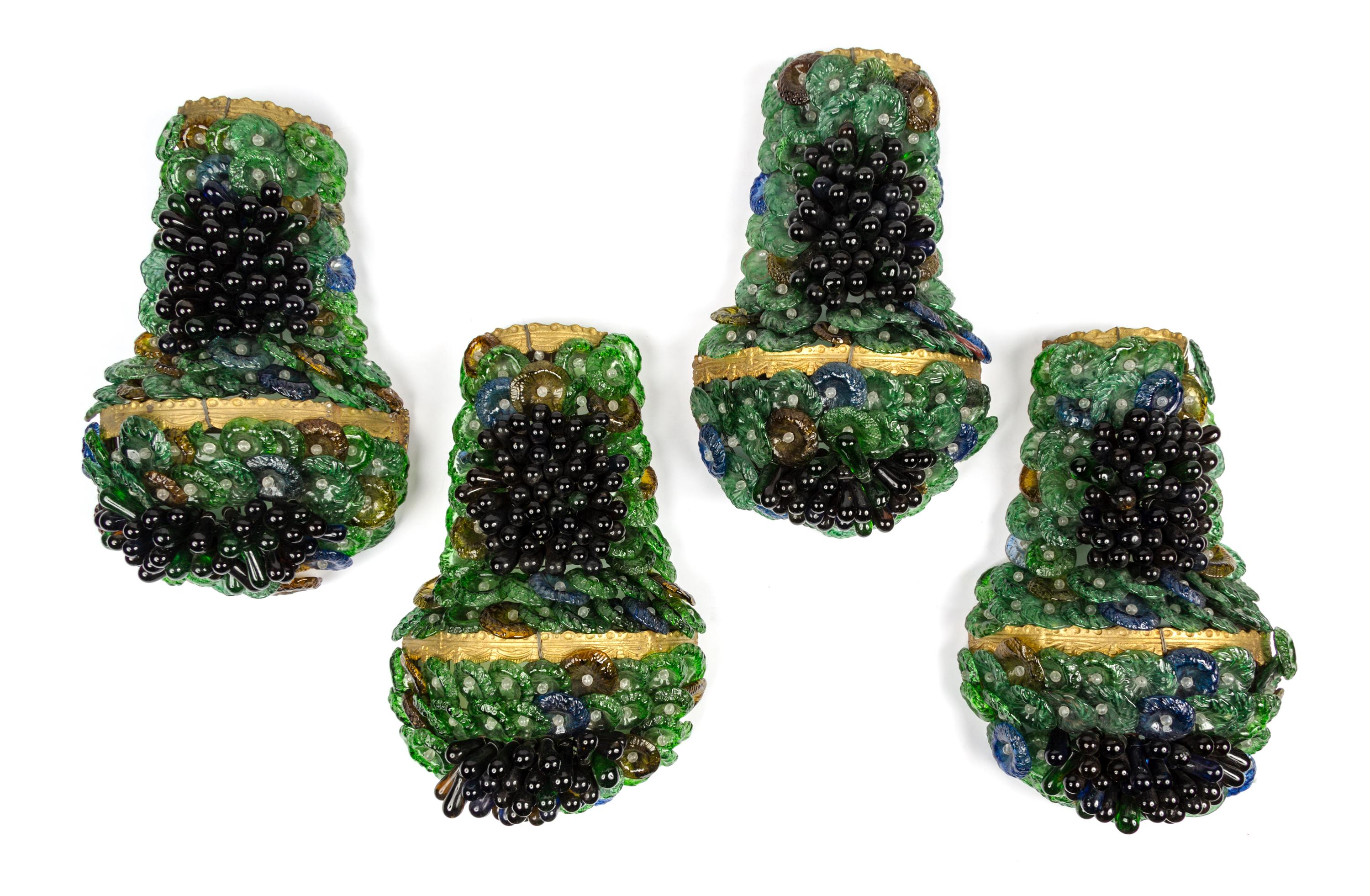 A Set of Four Continental Gilt Bronze and Colored Glass Wall Sconces Height 15 inches. — FIRST HALF 20TH CENTURY