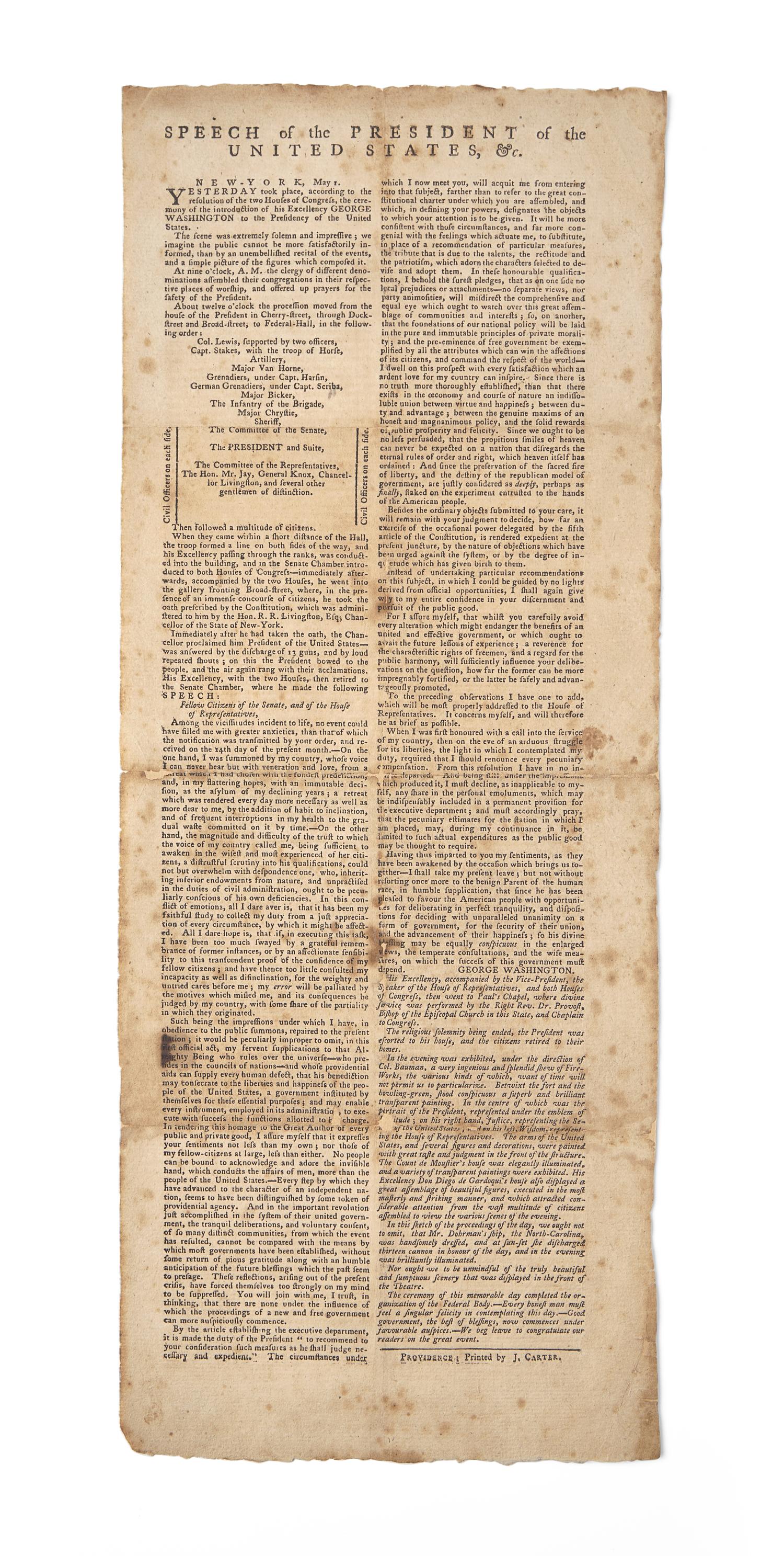 [Washington, George] Printed Broadside of Washington's First Inaugural Speech