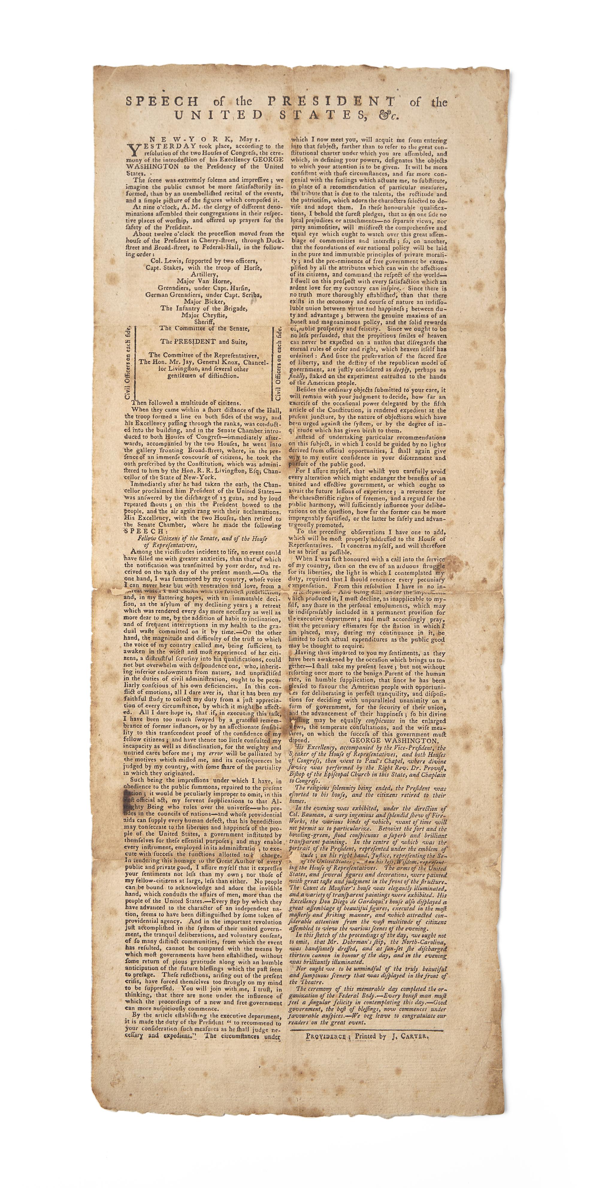 [Washington, George] Printed Broadside of Washington's First Inaugural Speech