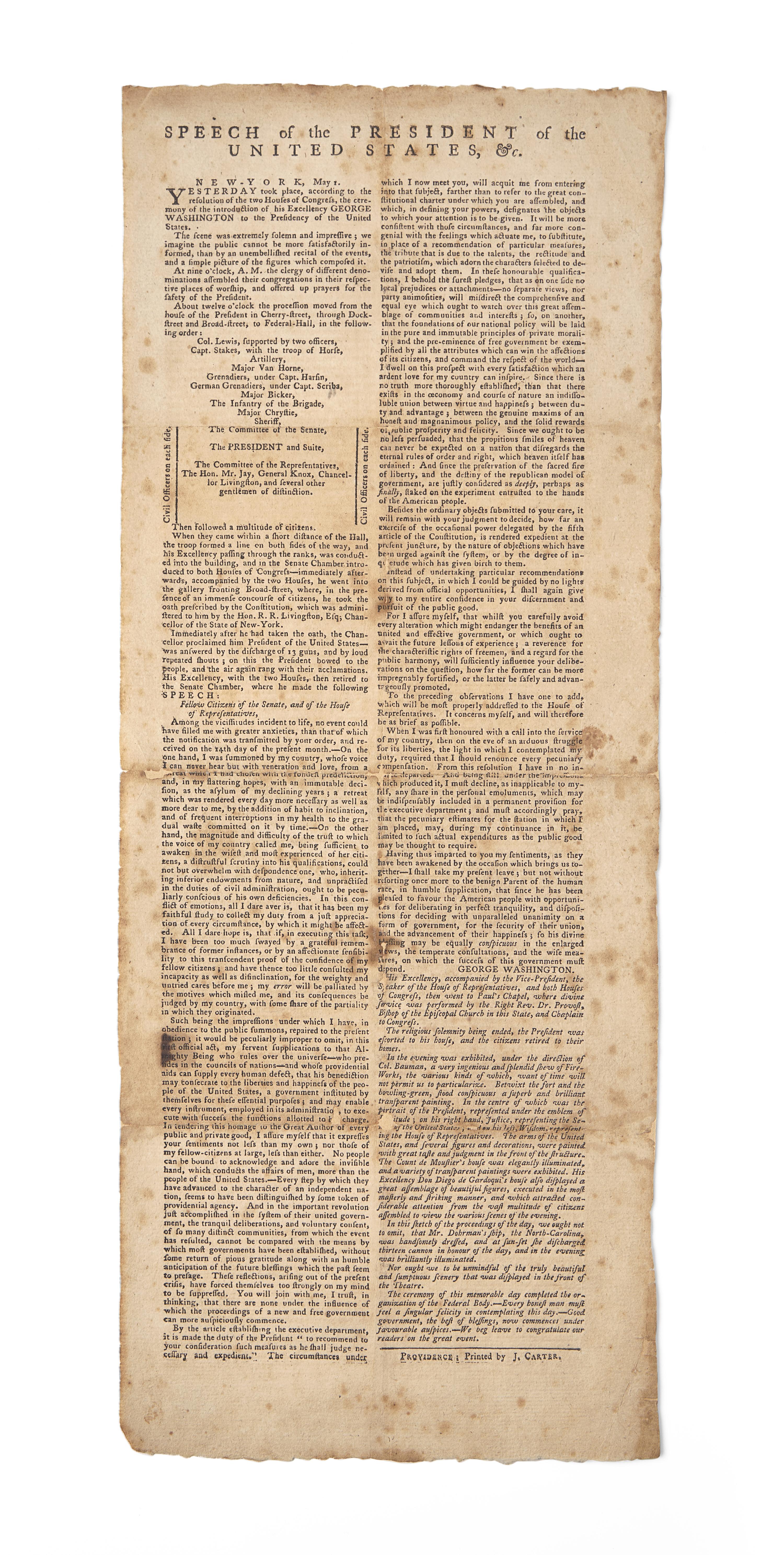 [Washington, George] Printed Broadside of Washington's First Inaugural Speech