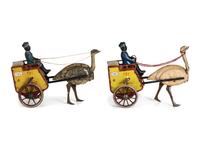 Two Lehmann 'Zulu' Tin Lithograph Ostrich Cart Windup Toys