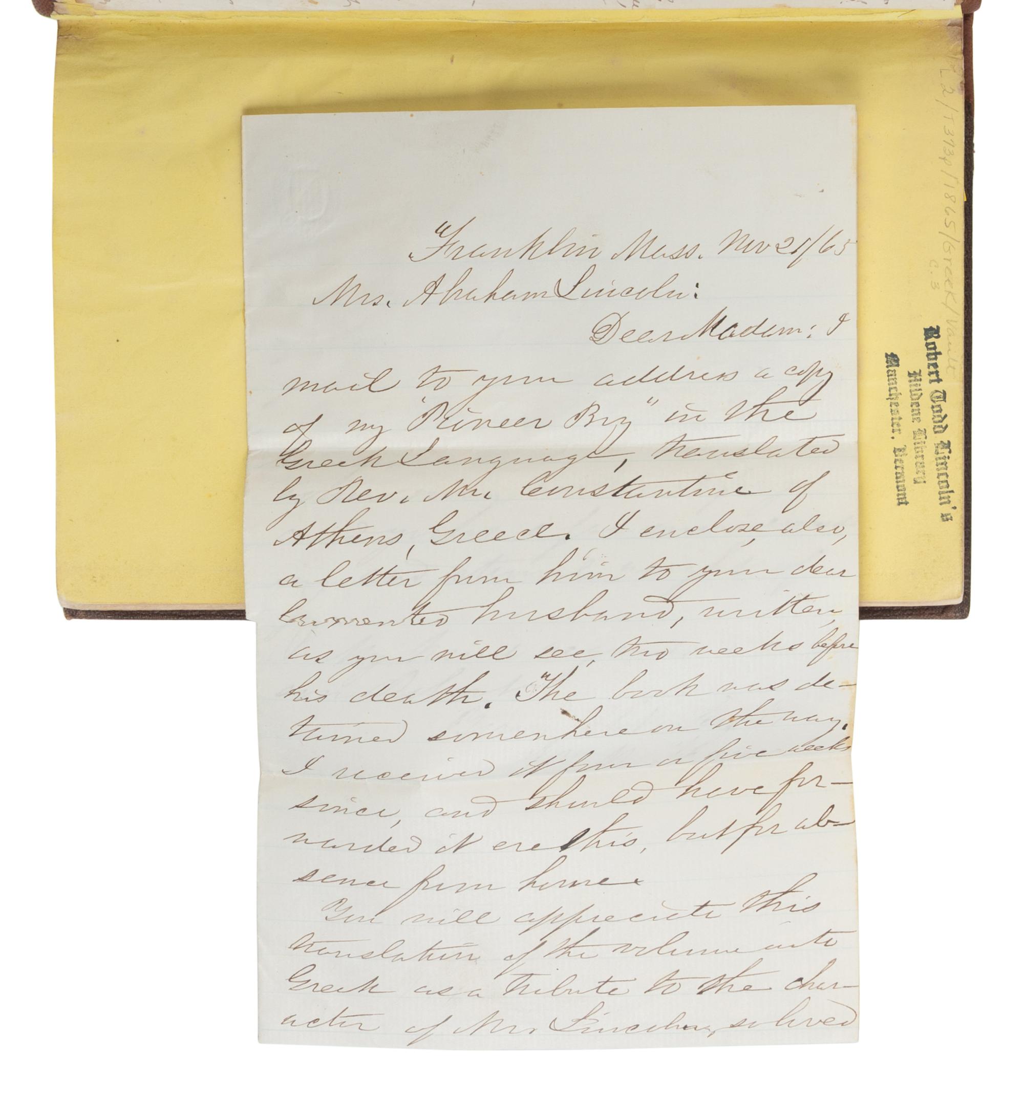 [LINCOLN, Abraham (1809-1865)]. -- THAYER, William M. (1820-1898). The Pioneer Boy [in Greek]. Translated by George Constantine. Athens: Typois Lakōnias, 1865.