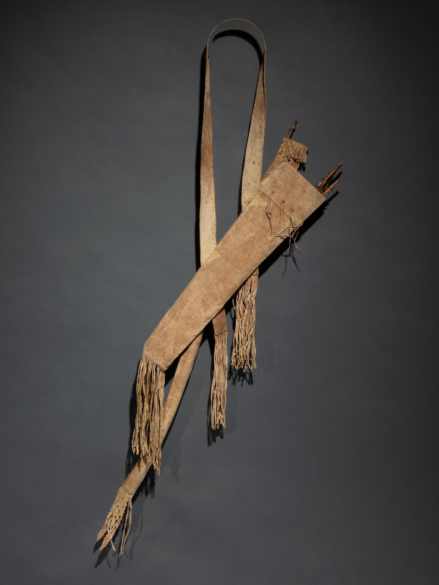 Apache Buffalo Hide Bowcase and Quiver, with Sinew-Backed Recurve Bow and Three Arrows