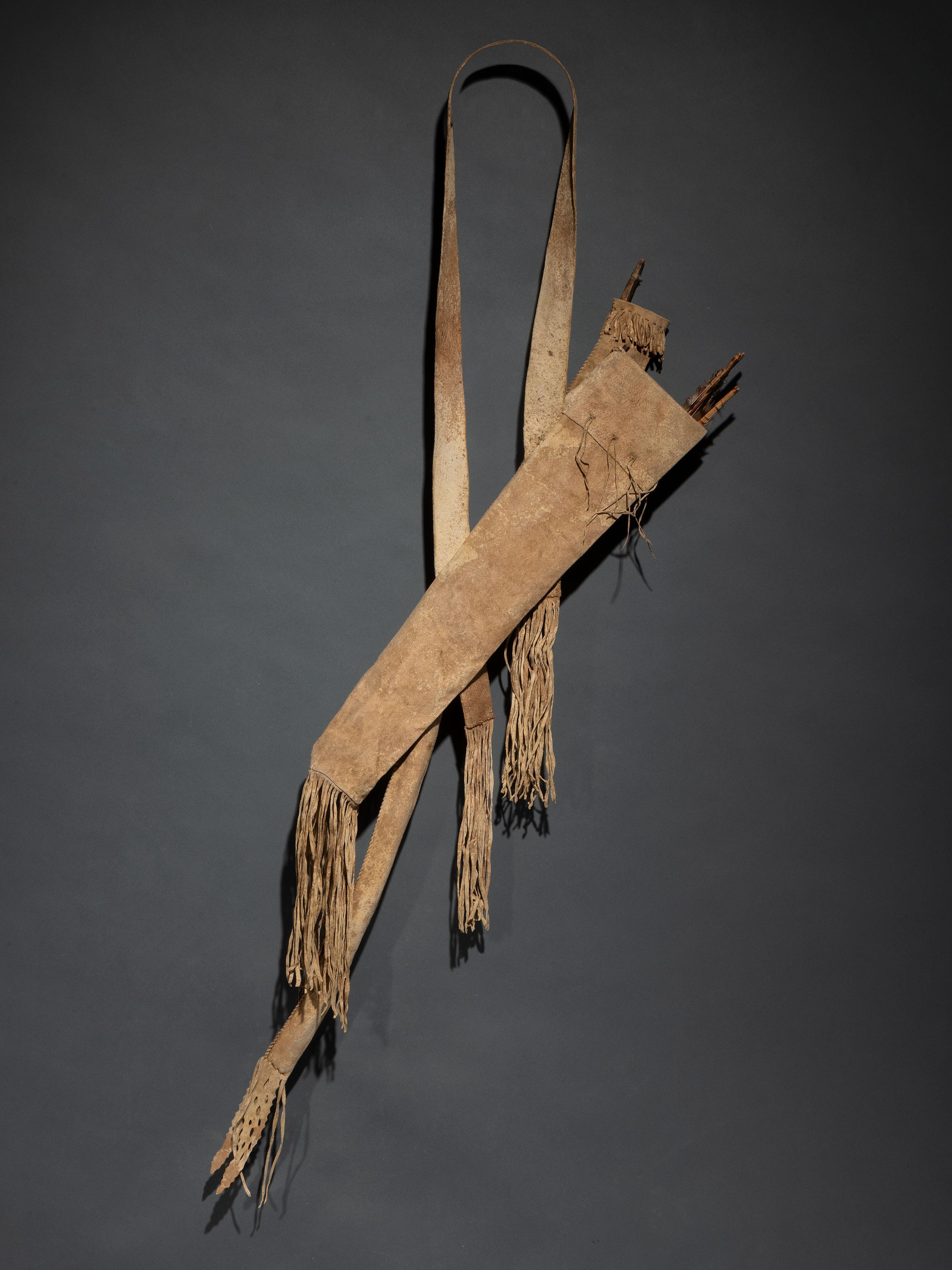 Apache Buffalo Hide Bowcase and Quiver, with Sinew-Backed Recurve Bow and Three Arrows