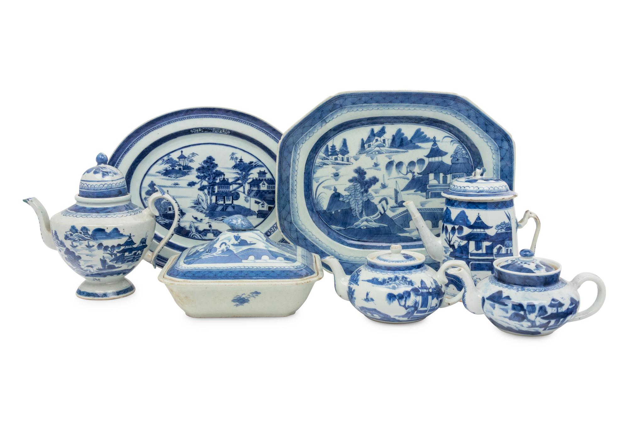 Seven Chinese Export Canton Blue and White Porcelain Articles