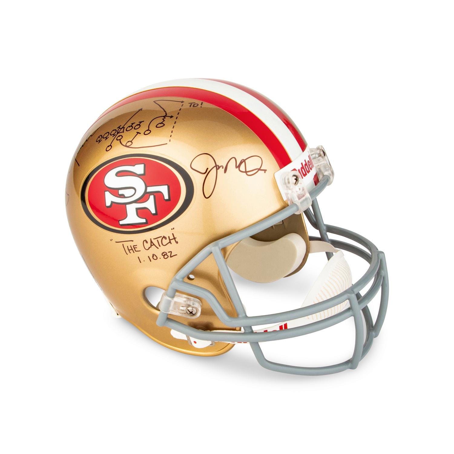 A Joe Montana and Dwight Clark Dual Signed Autograph San Francisco 49ers Full Size Helmet — With "The Catch" Diagram Drawn by Clark