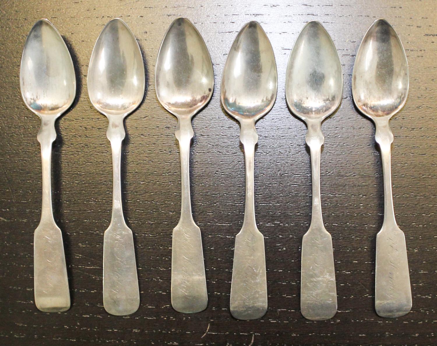 Six American Coin Silver Spoons Length 5 7/8 inches. — 19TH CENTURY