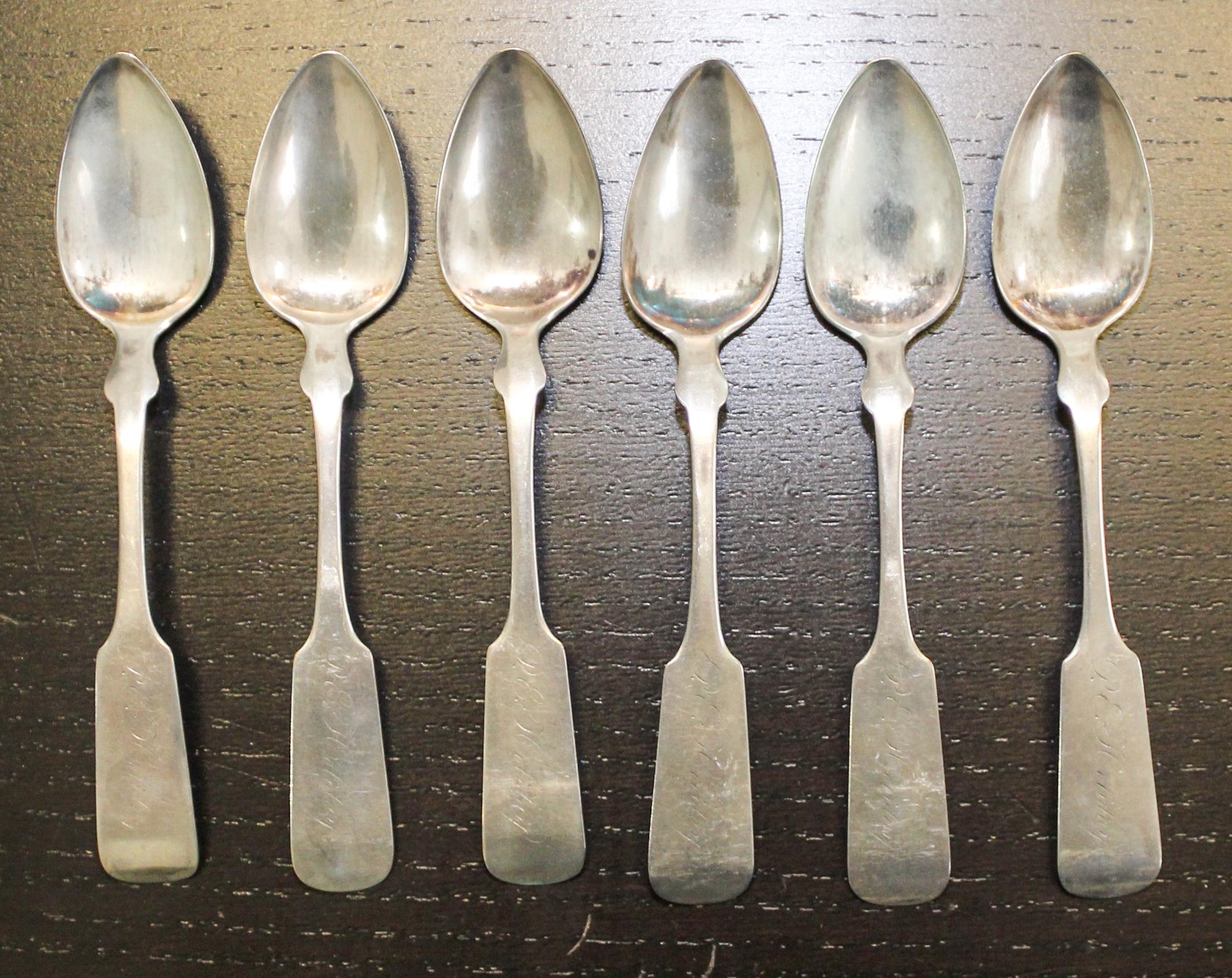 Six American Coin Silver Spoons Length 5 7/8 inches. — 19TH CENTURY