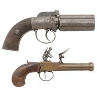 Two Antique Handguns: Brass Flintlock Pocket Pistol and Pepperbox