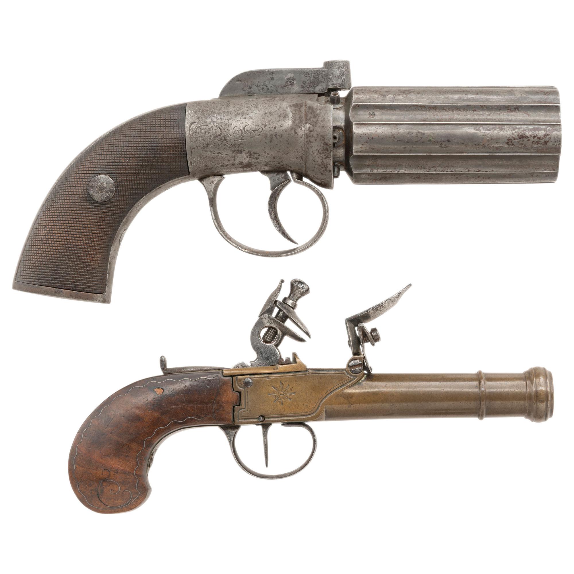 Two Antique Handguns: Brass Flintlock Pocket Pistol and Pepperbox