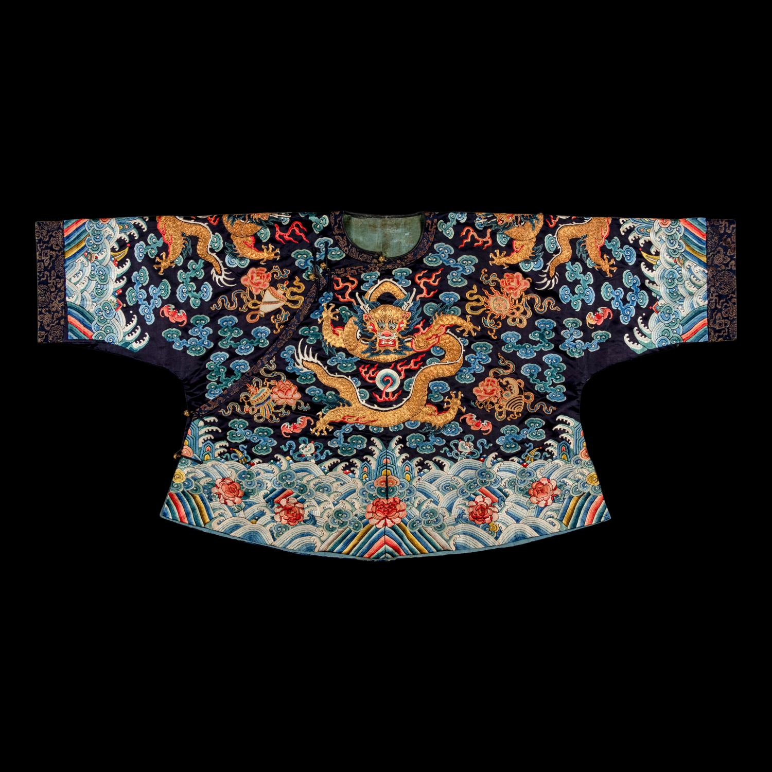 A Chinese Black Ground Embroidered Silk 'Dragon' Court Robe, Chaofugua, 19th Century 清晚期 黑緞地綉云龍紋朝服褂