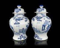 A Pair of Chinese Blue and White Porcelain Covered Jars