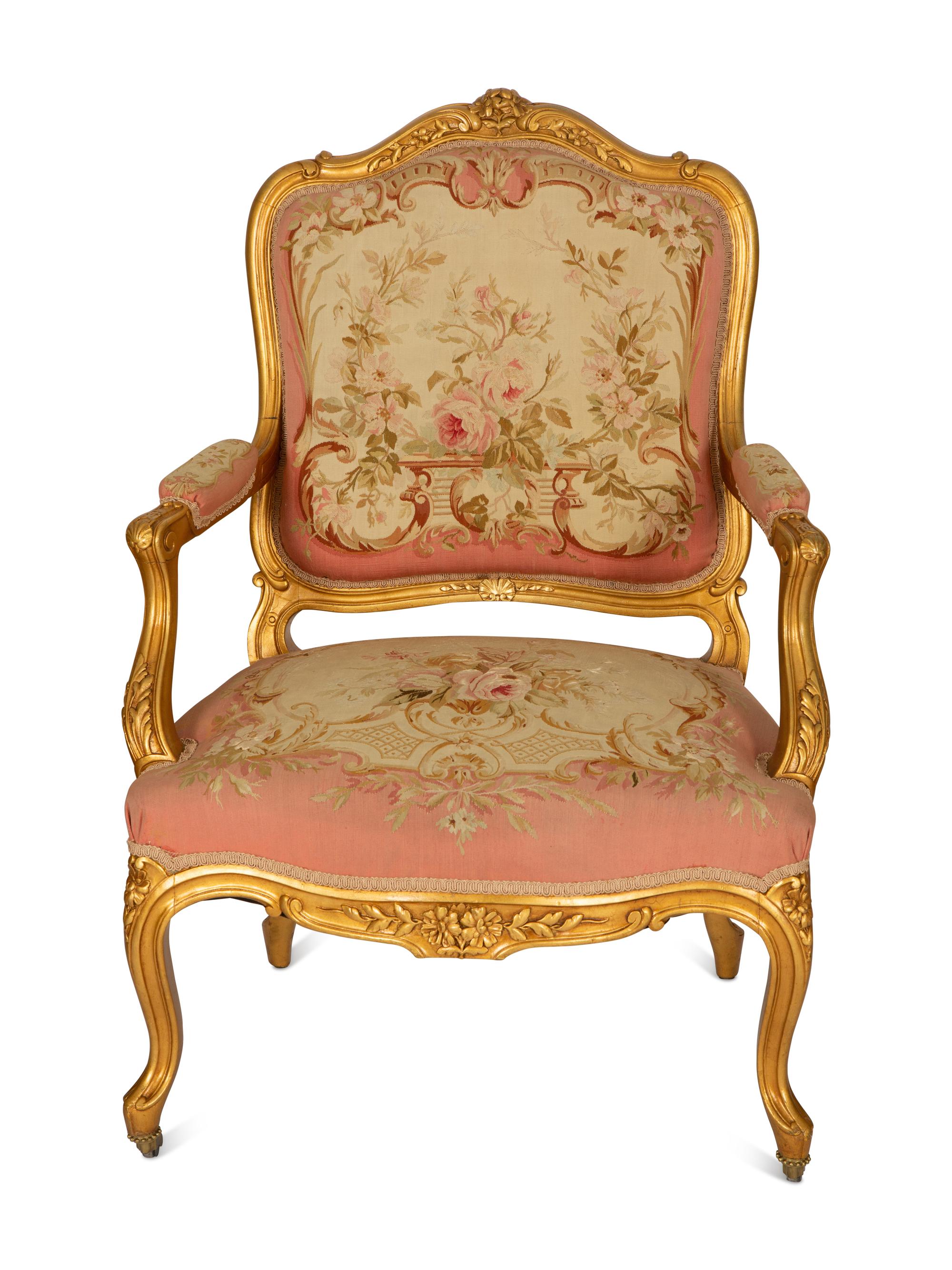 A Louis XV Style Three-Piece Carved Giltwood Salon Suite