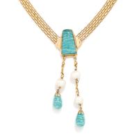 AMAZONITE, CULTURED PEARL, AND YELLOW GOLD NECKLACE