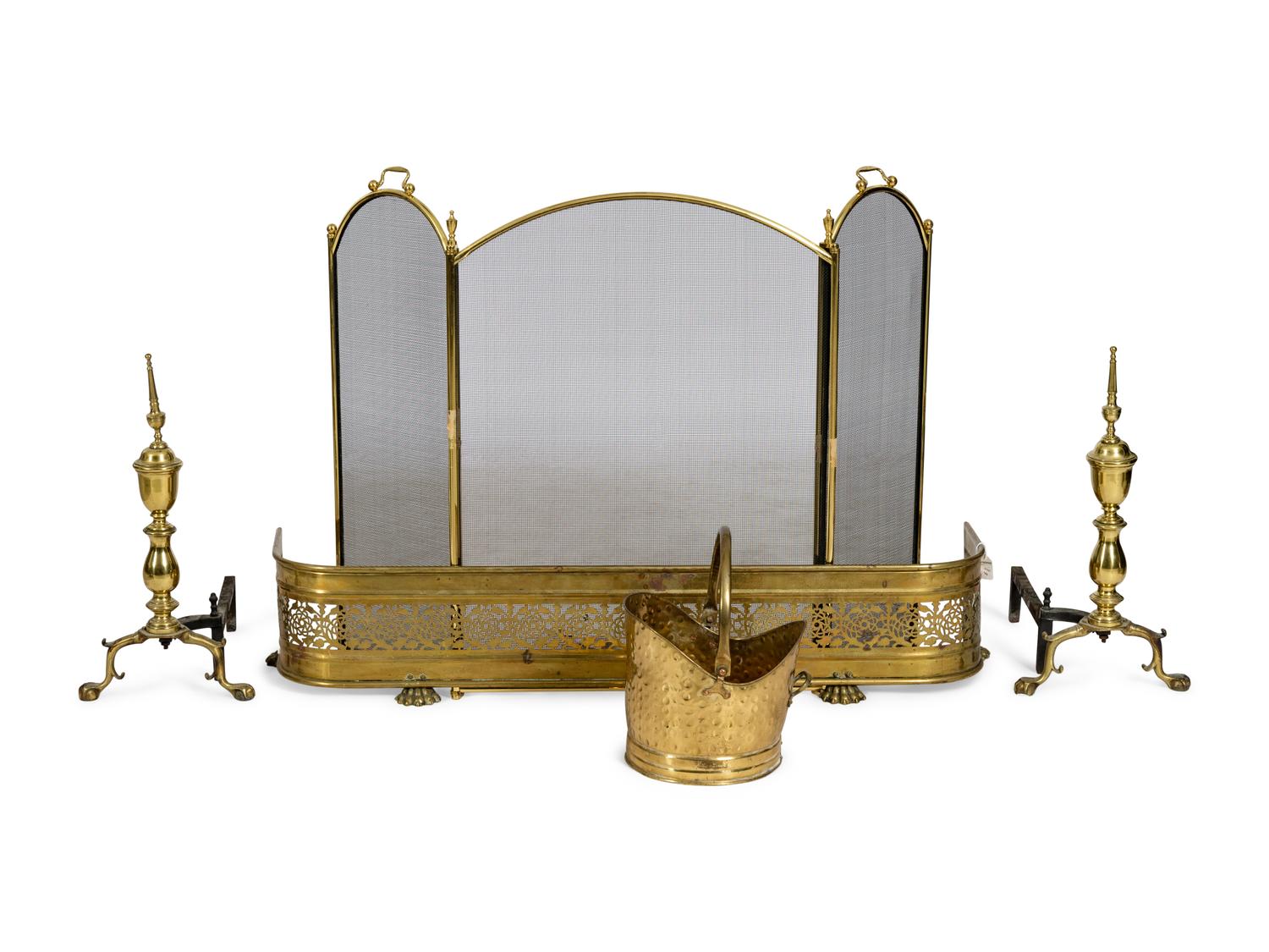 A Group of Federal and Classical Style Brass and Iron Fireplace Accessories