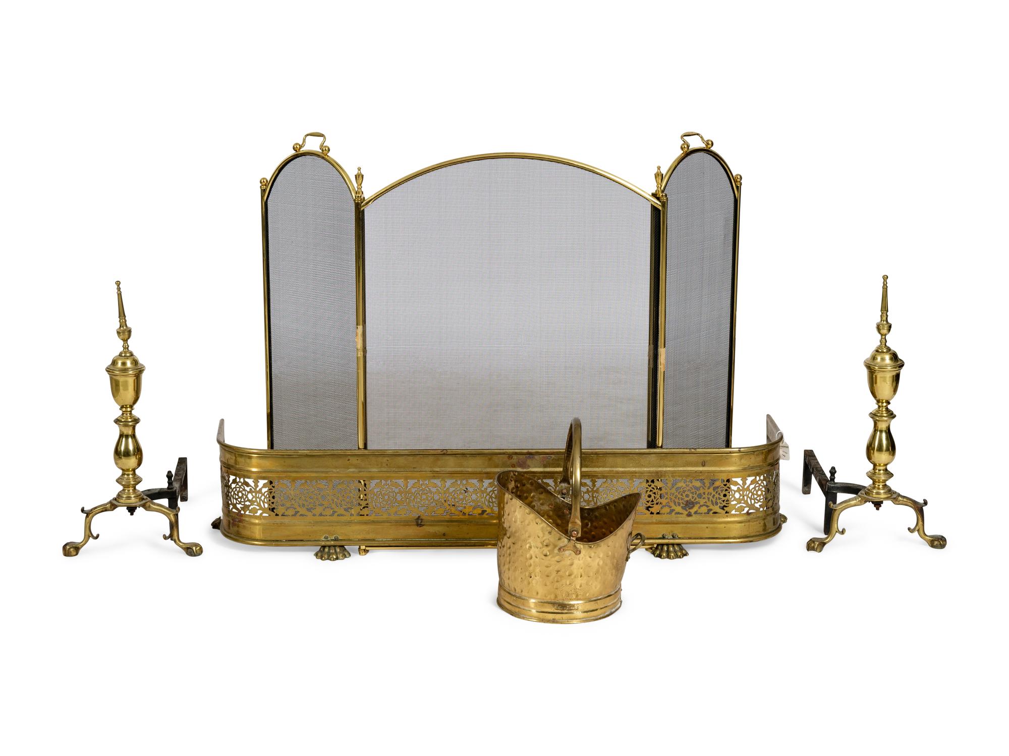 A Group of Federal and Classical Style Brass and Iron Fireplace Accessories