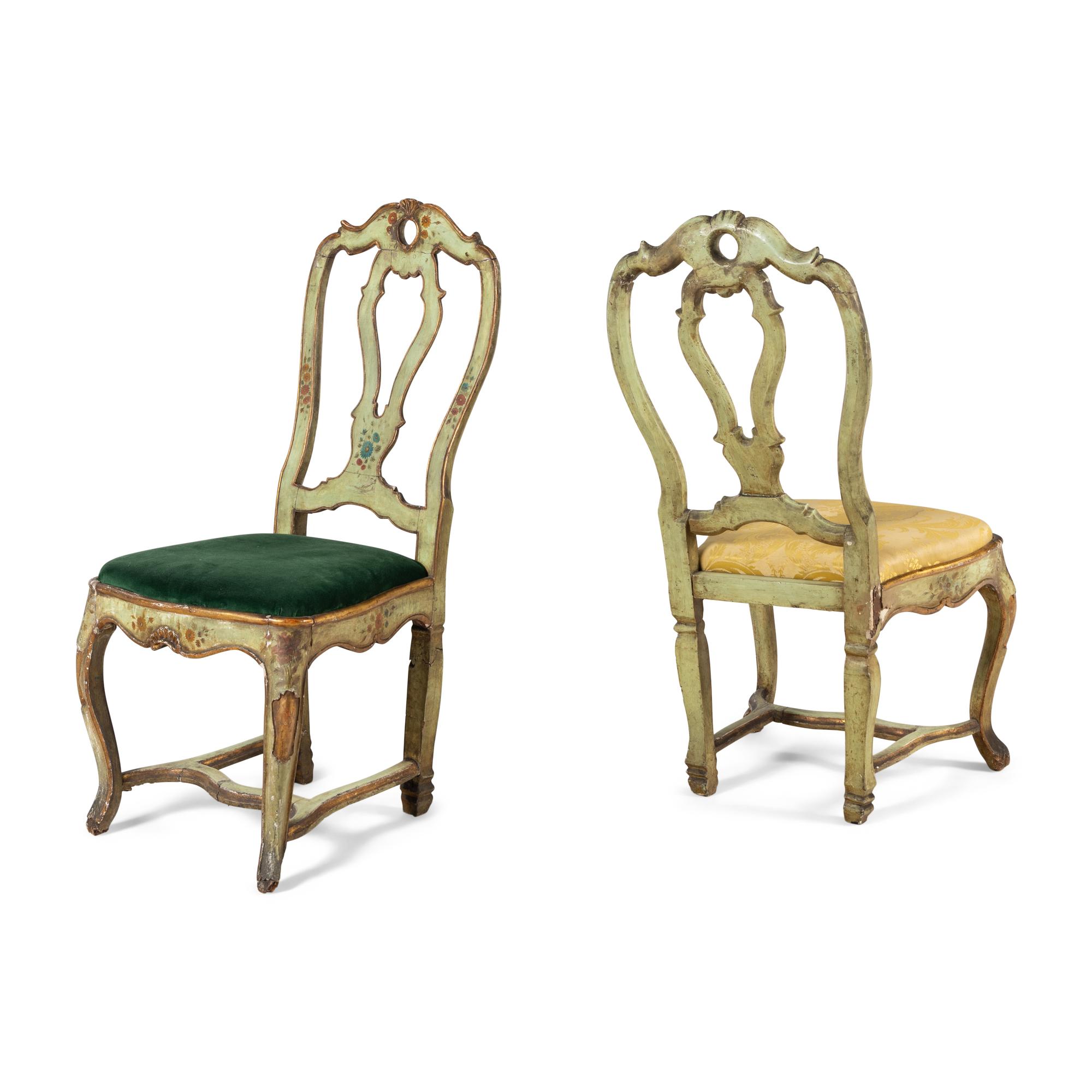 A Pair of Venetian Green and Polychrome Decorated Side Chairs
