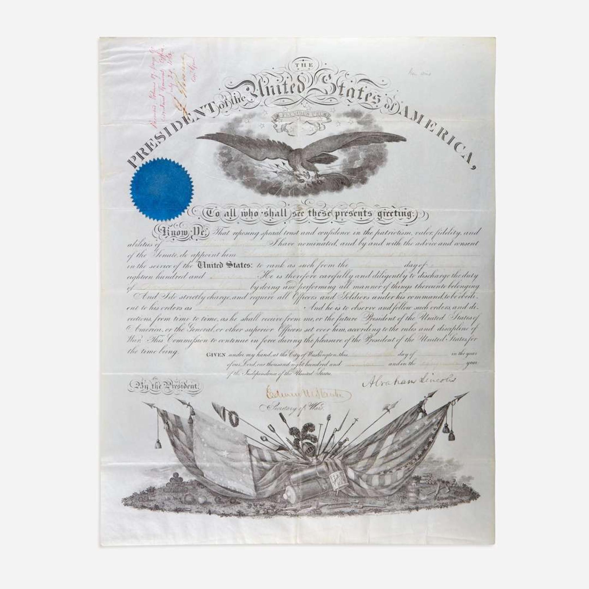 [Presidential] Lincoln, Abraham Signed Military Commission