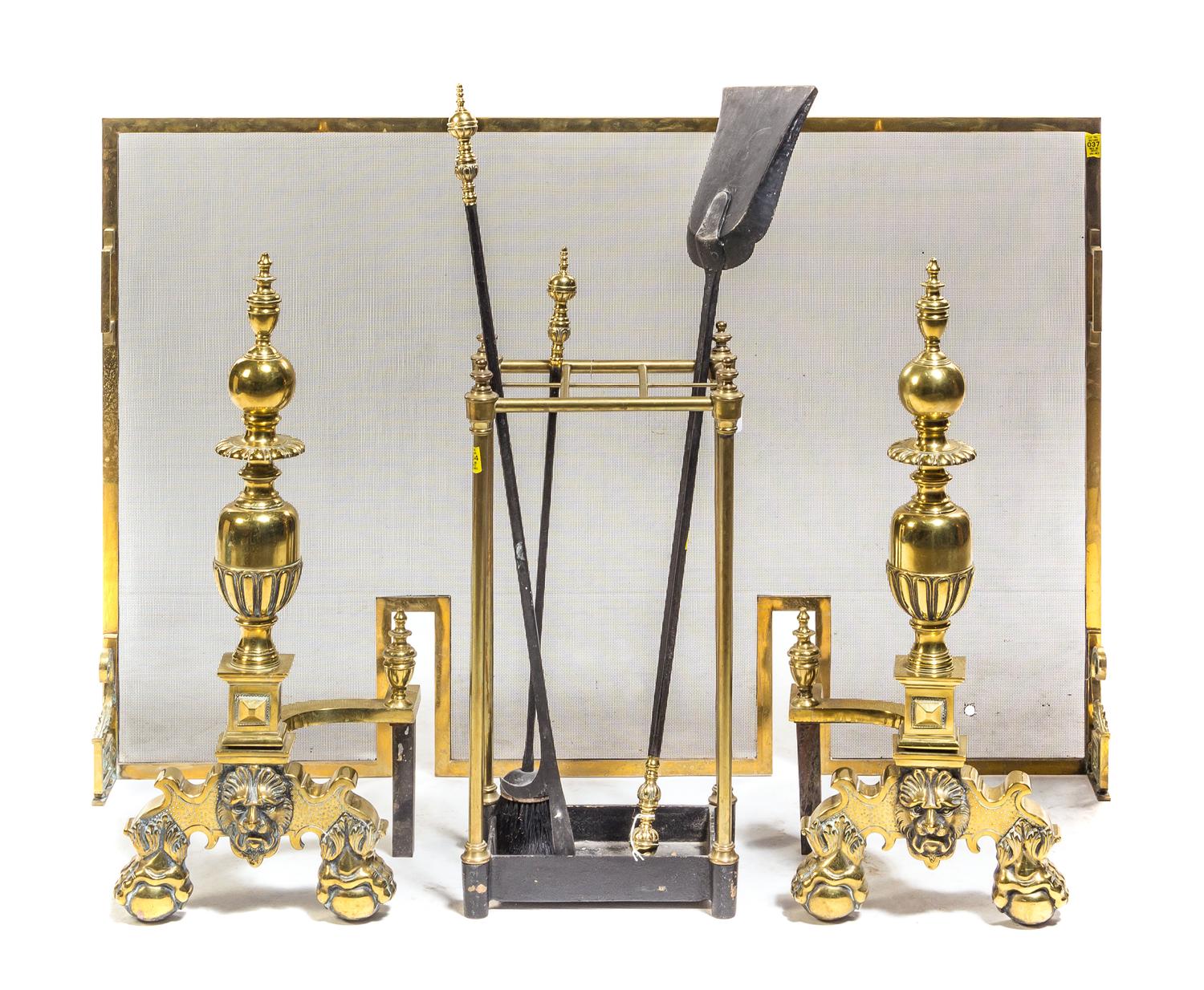 A Collection of Victorian Style Brass Fire Tools, Height of first 29 1/2 inches.