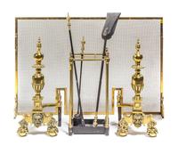 A Collection of Victorian Style Brass Fire Tools, Height of first 29 1/2 inches.