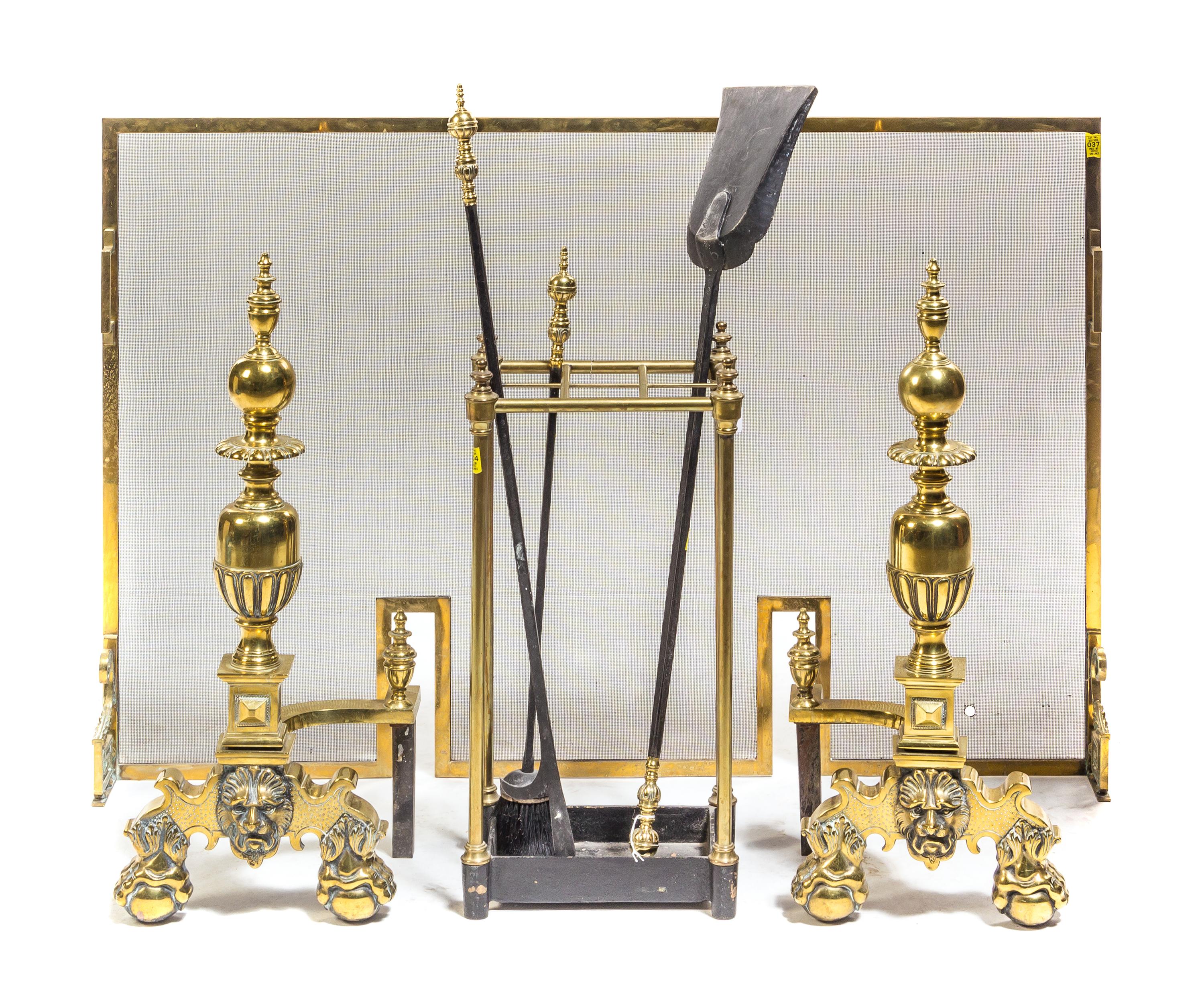 A Collection of Victorian Style Brass Fire Tools, Height of first 29 1/2 inches.