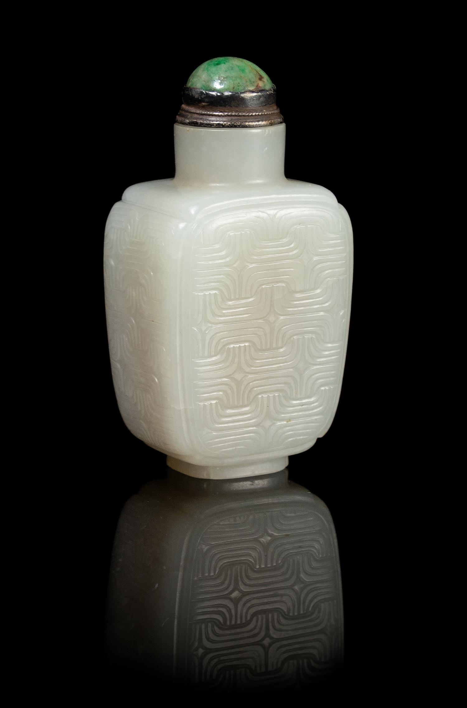 A Chinese White Jade Rectangular Snuff Bottle 18TH/19TH CENTURY Height 2 3/8 inches. — 18TH/19TH CENTURY