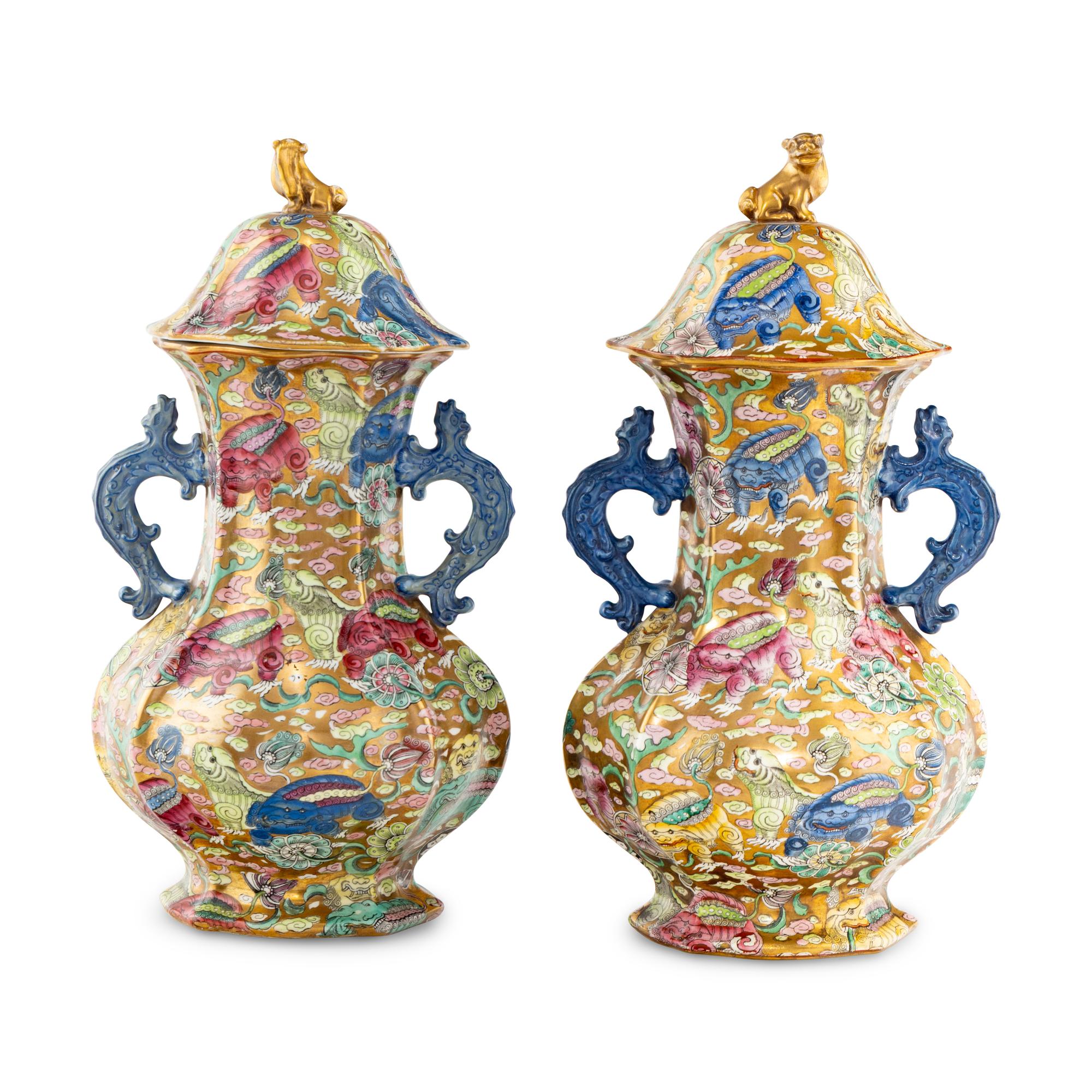 A Pair of English Parcel Gilt Ironstone Covered Vases, in the Chinese Taste