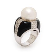 Onyx, Diamond, and Cultured Pearl Ring