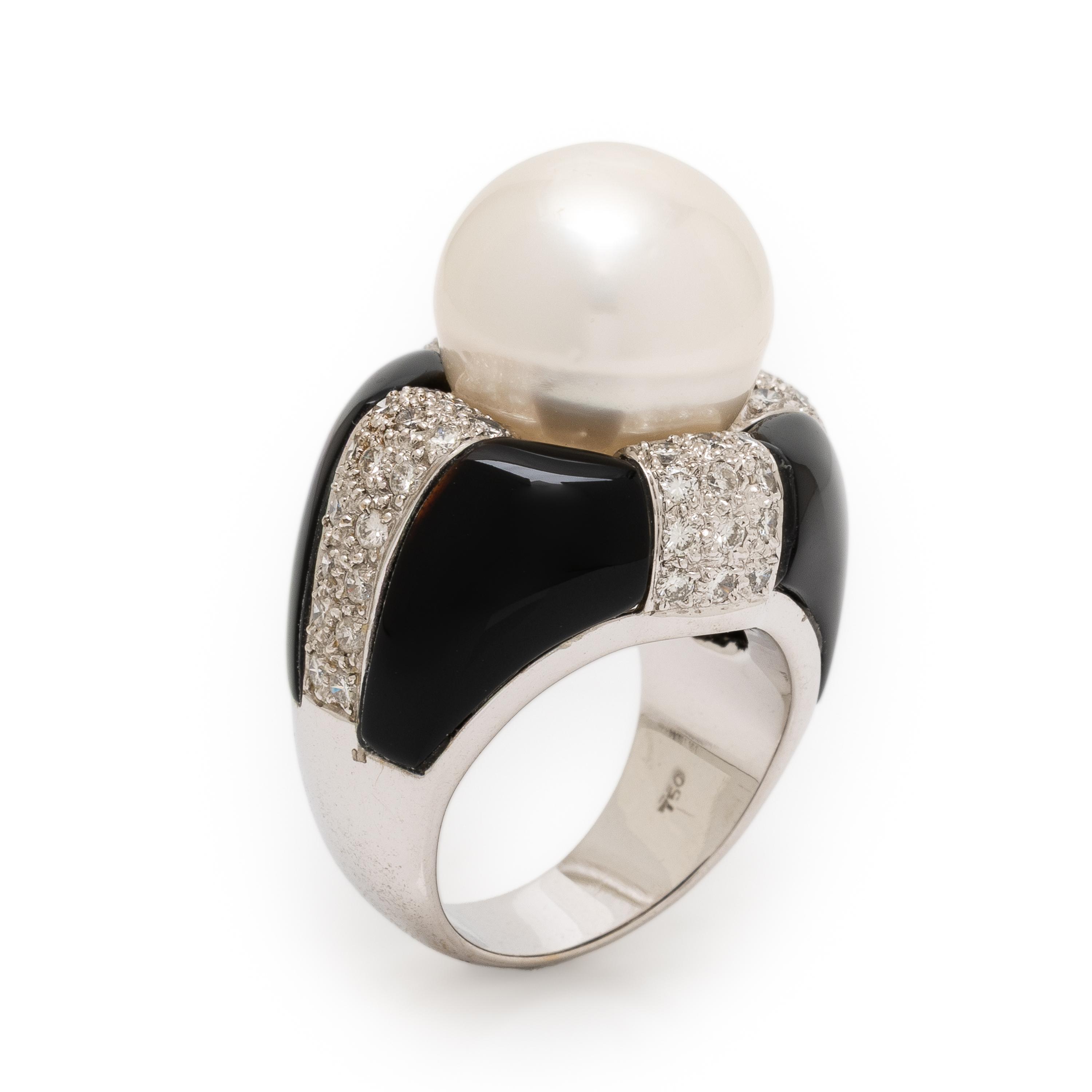 Onyx, Diamond, and Cultured Pearl Ring