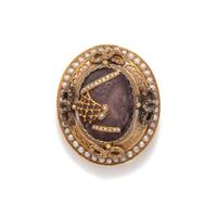 FRENCH, AMETHYST AND SEED PEARL CAMEO BROOCH