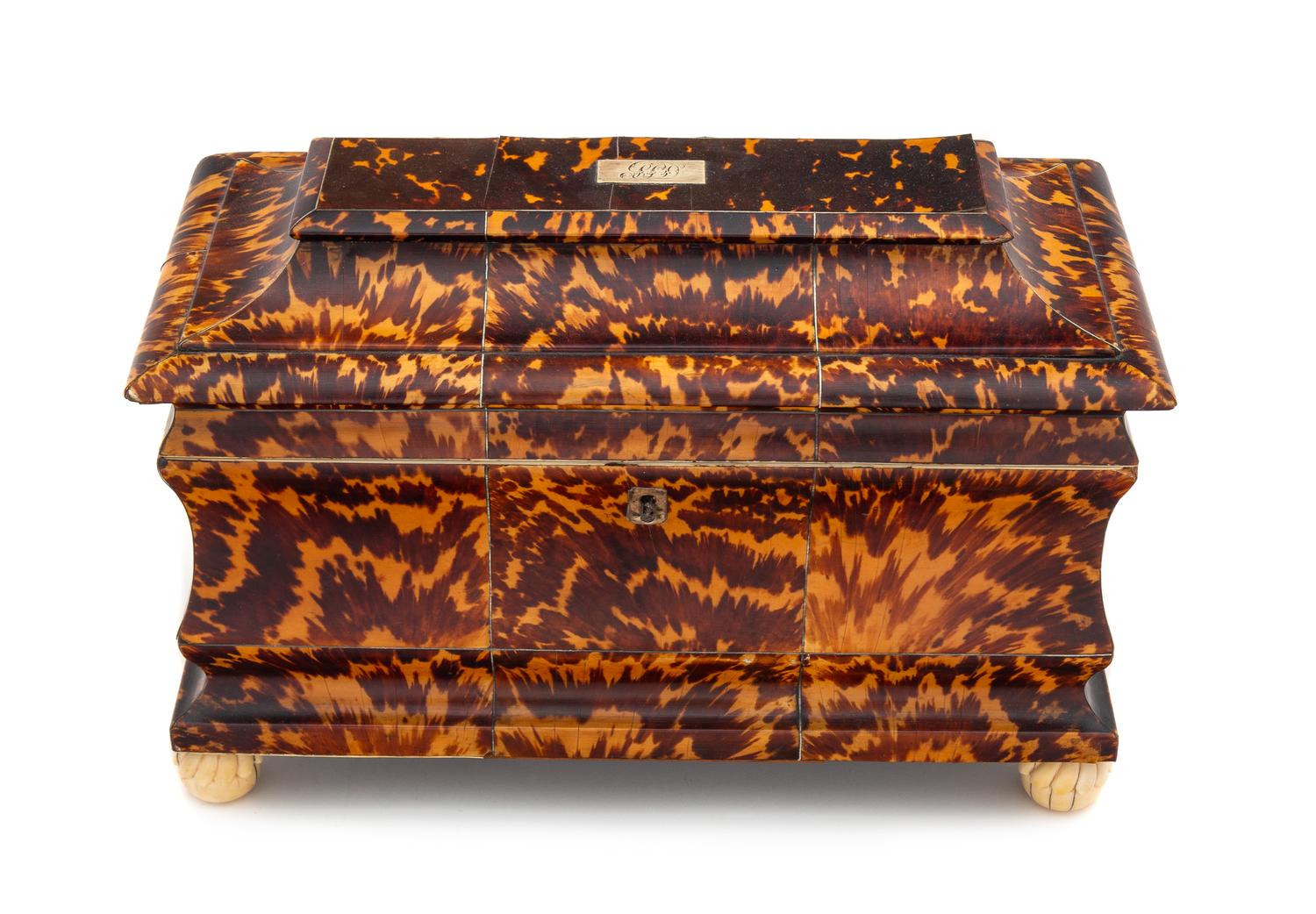 A Large English Silver-Lined Tortoise Shell Tea Caddy Height 8 x width 12 1/4 x depth 6 inches. — 19TH CENTURY