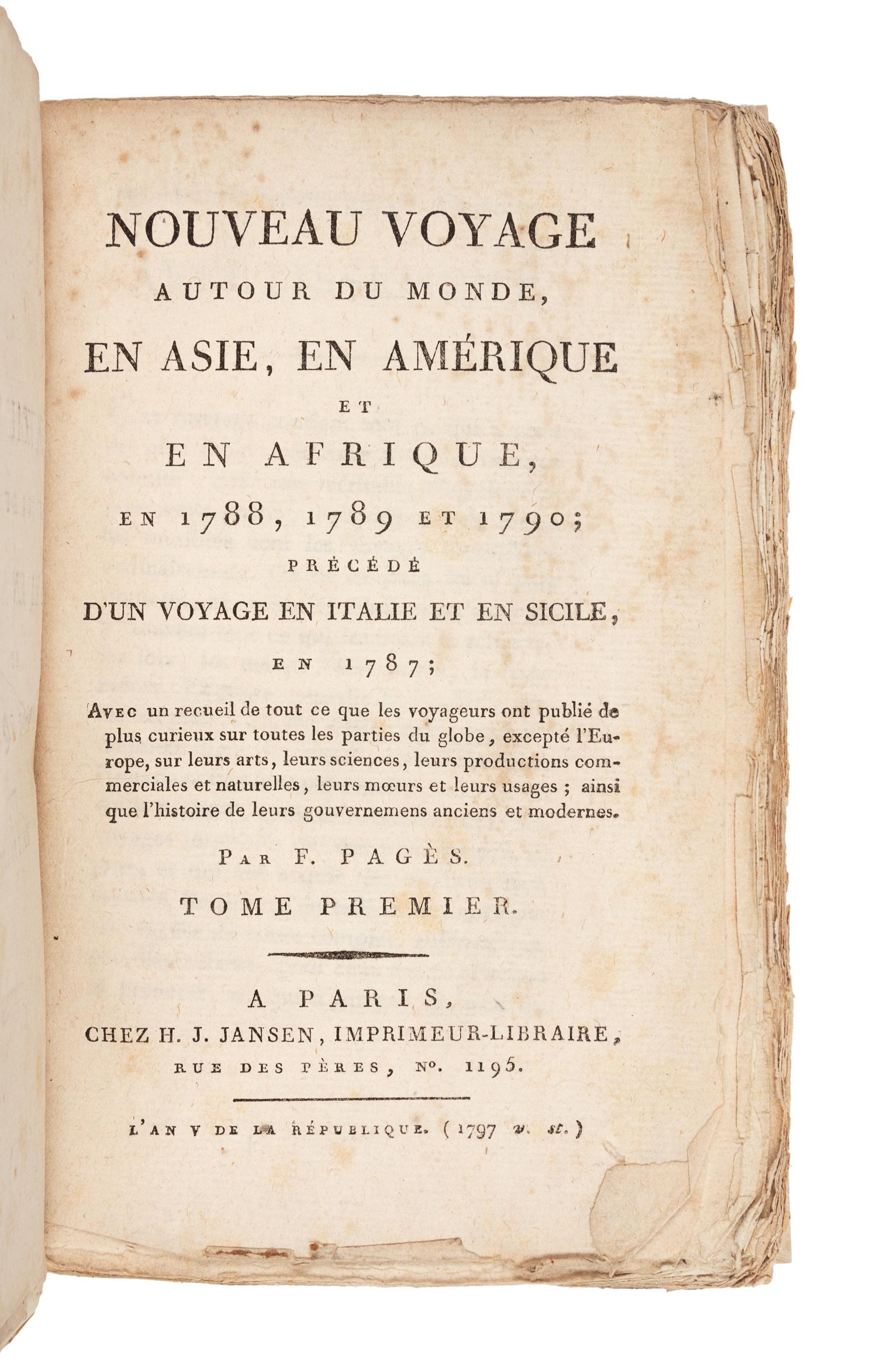 PAGÉS, Pierre Marie François, Vicomte de (1748-1793). Nouveau Voyage autour de monde, en Asie, en Amérique, en 1788, 1789 et 1790. Pari