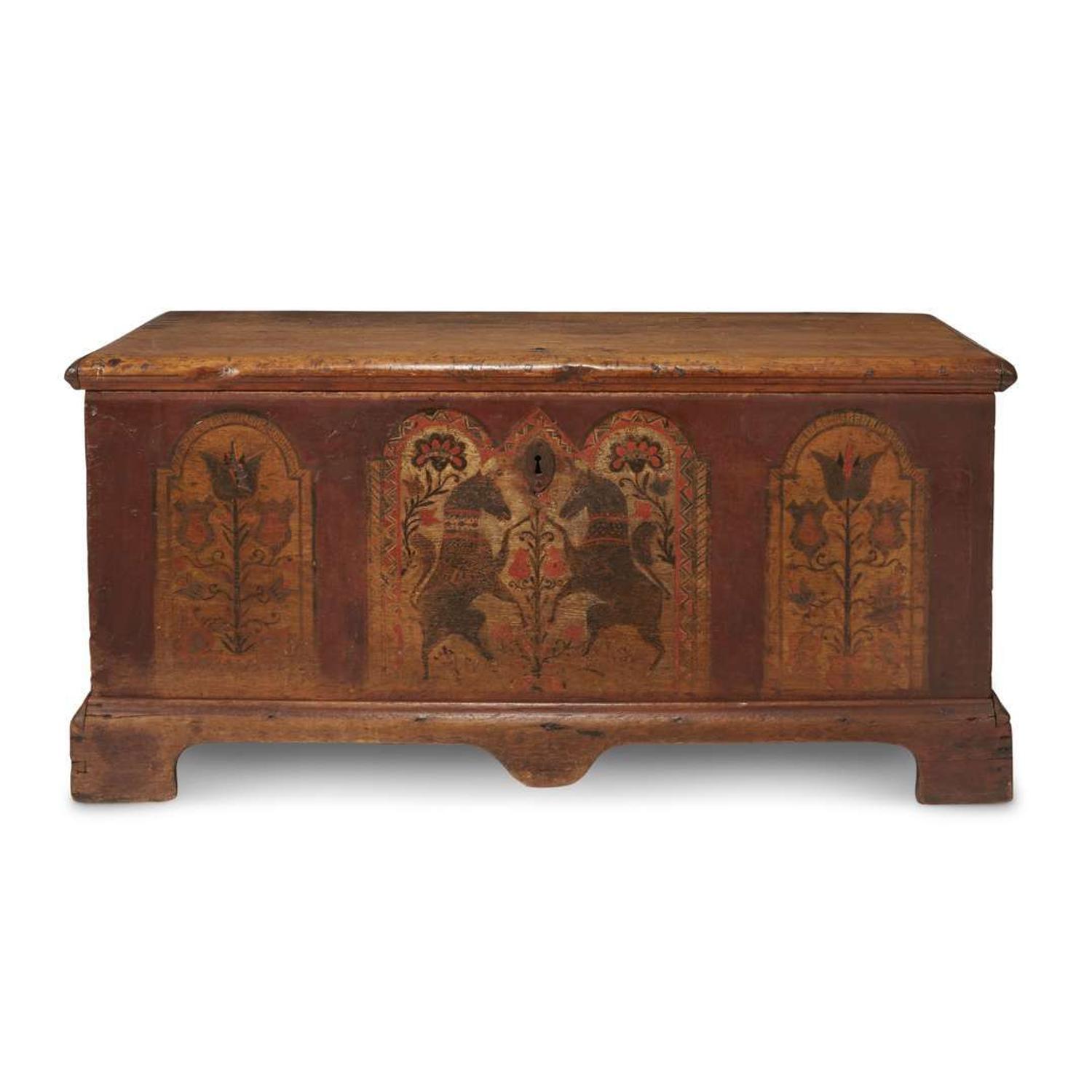 Painted and decorated pine "Black Unicorn" blanket chest Berks County, PA, circa 1785