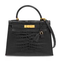 Hermès, Kelly 28 in Shiny Noir Alligator with Strap