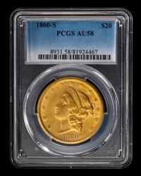 A United States 1860-S Liberty Head $20 Gold Coin