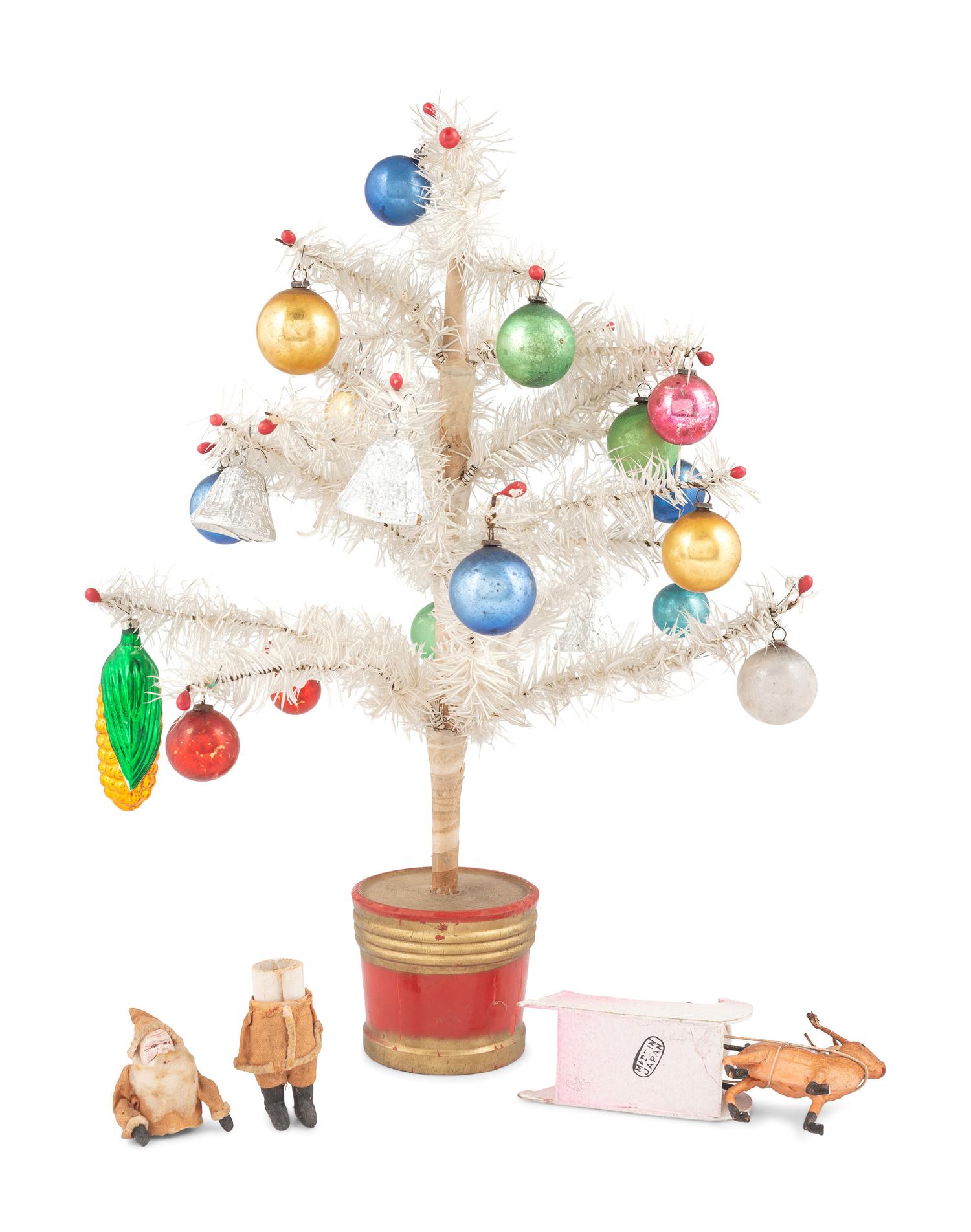 Two Miniature Composition Santa Claus Figures and a White Feather Tree with Ornaments