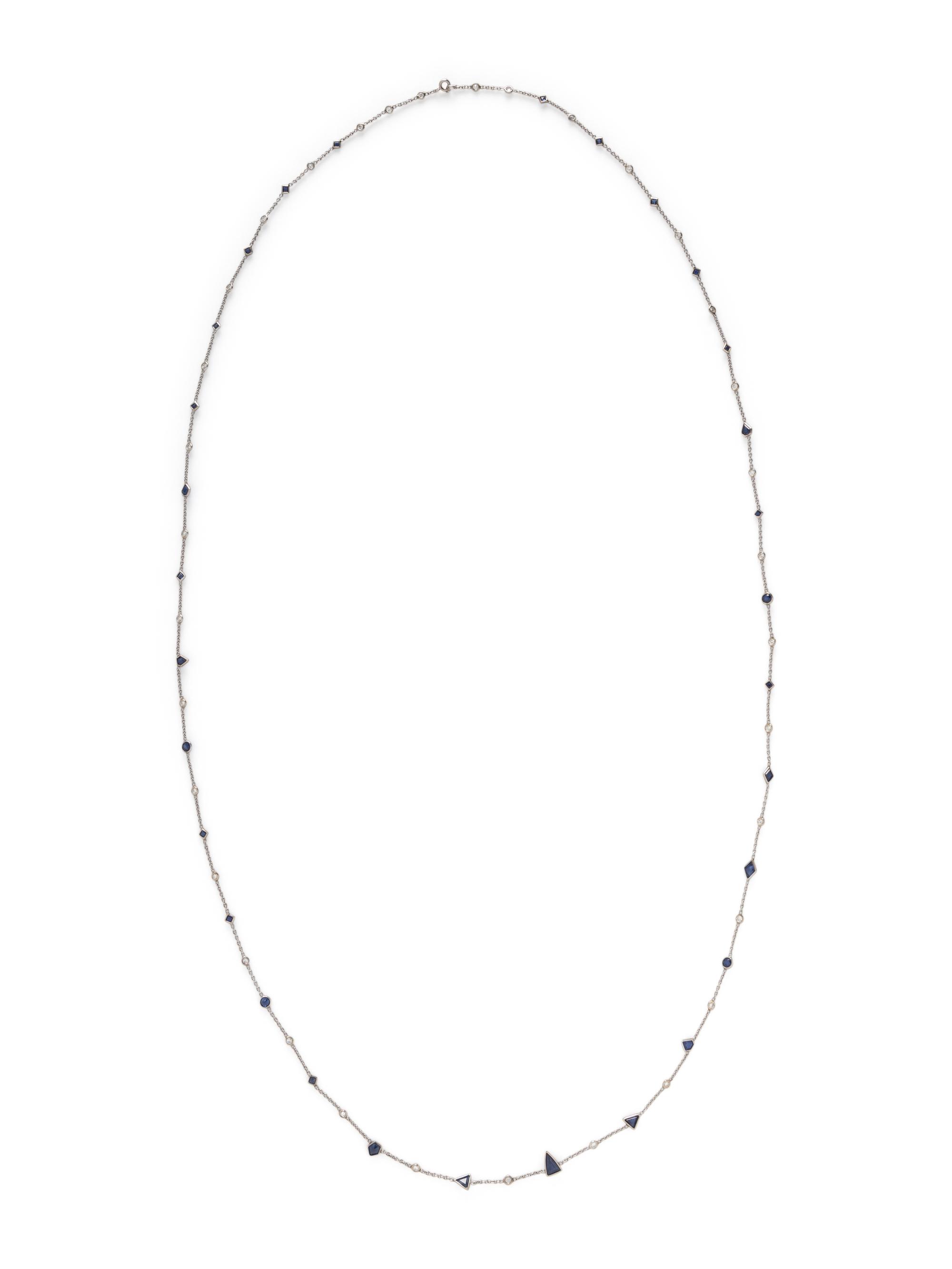 WHITE GOLD, SAPPHIRE, AND DIAMOND LONG CHAIN