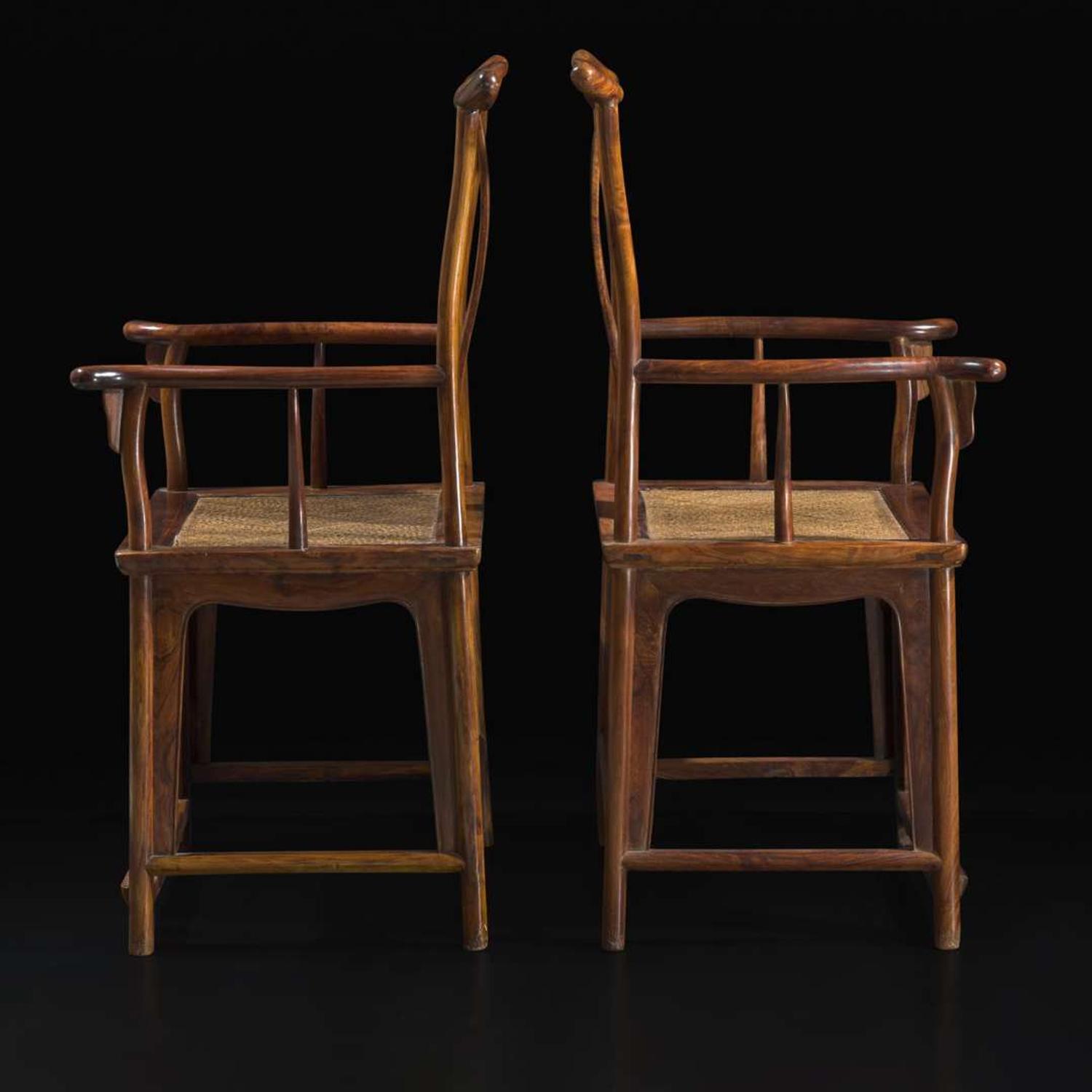A rare pair of Chinese Huanghuali yoke-back armchairs, sichutou guanmaoyi 黄花梨四出頭官帽椅一对 17th/ 18th century ???????