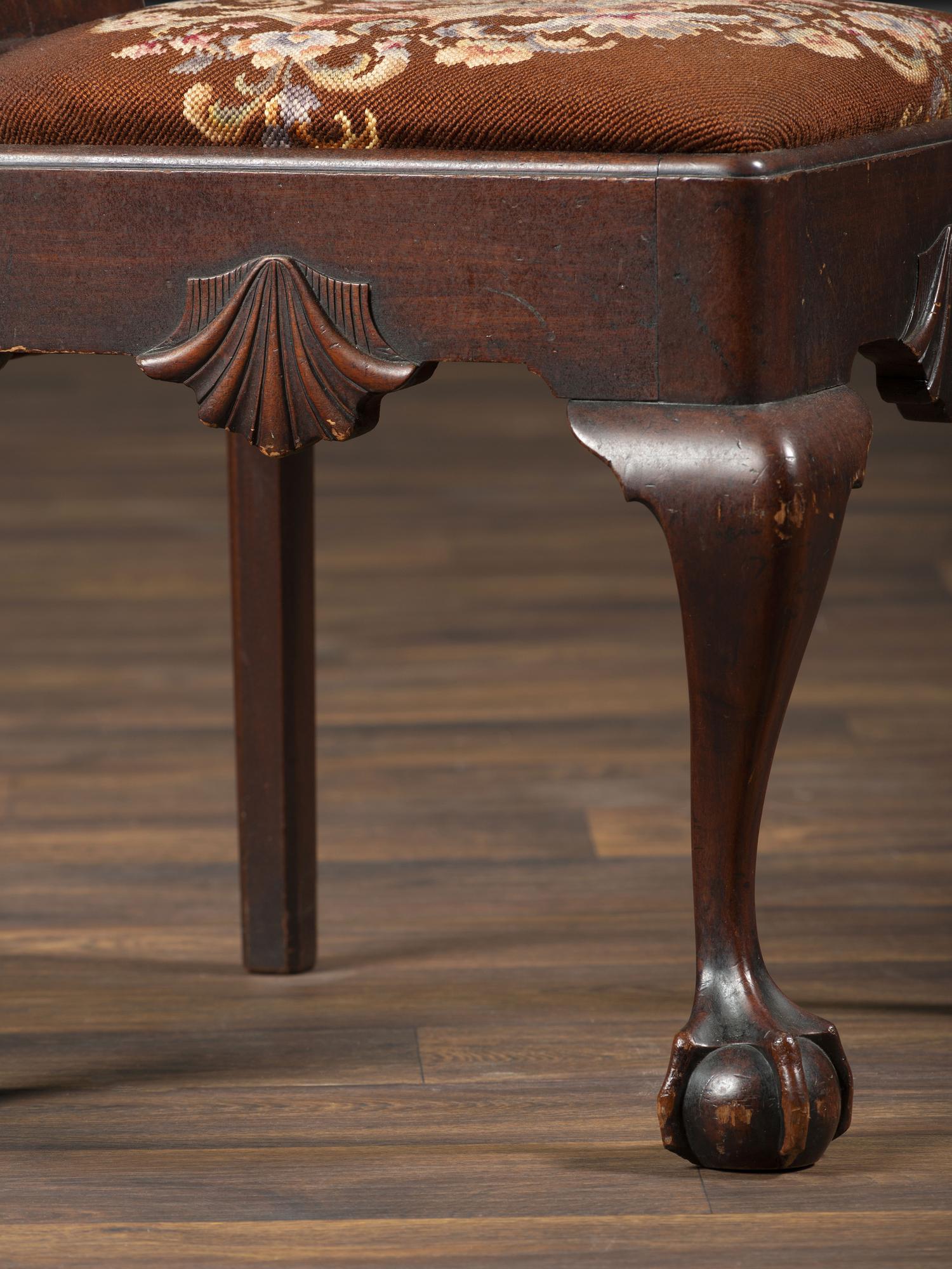 A Chippendale Shell-Carved Mahogany Knuckle-Arm Claw-and-Ball Foot Corner Chair