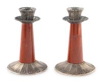 A Pair of Buccellati Silver and Hardstone Candlesticks