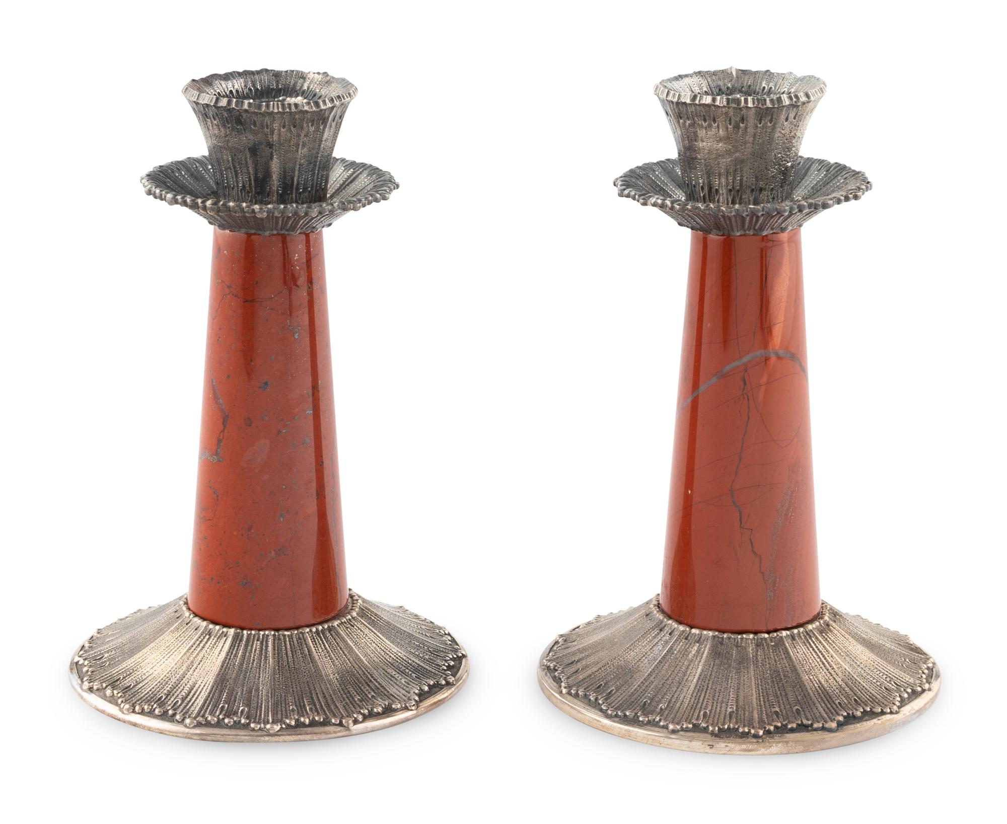 A Pair of Buccellati Silver and Hardstone Candlesticks