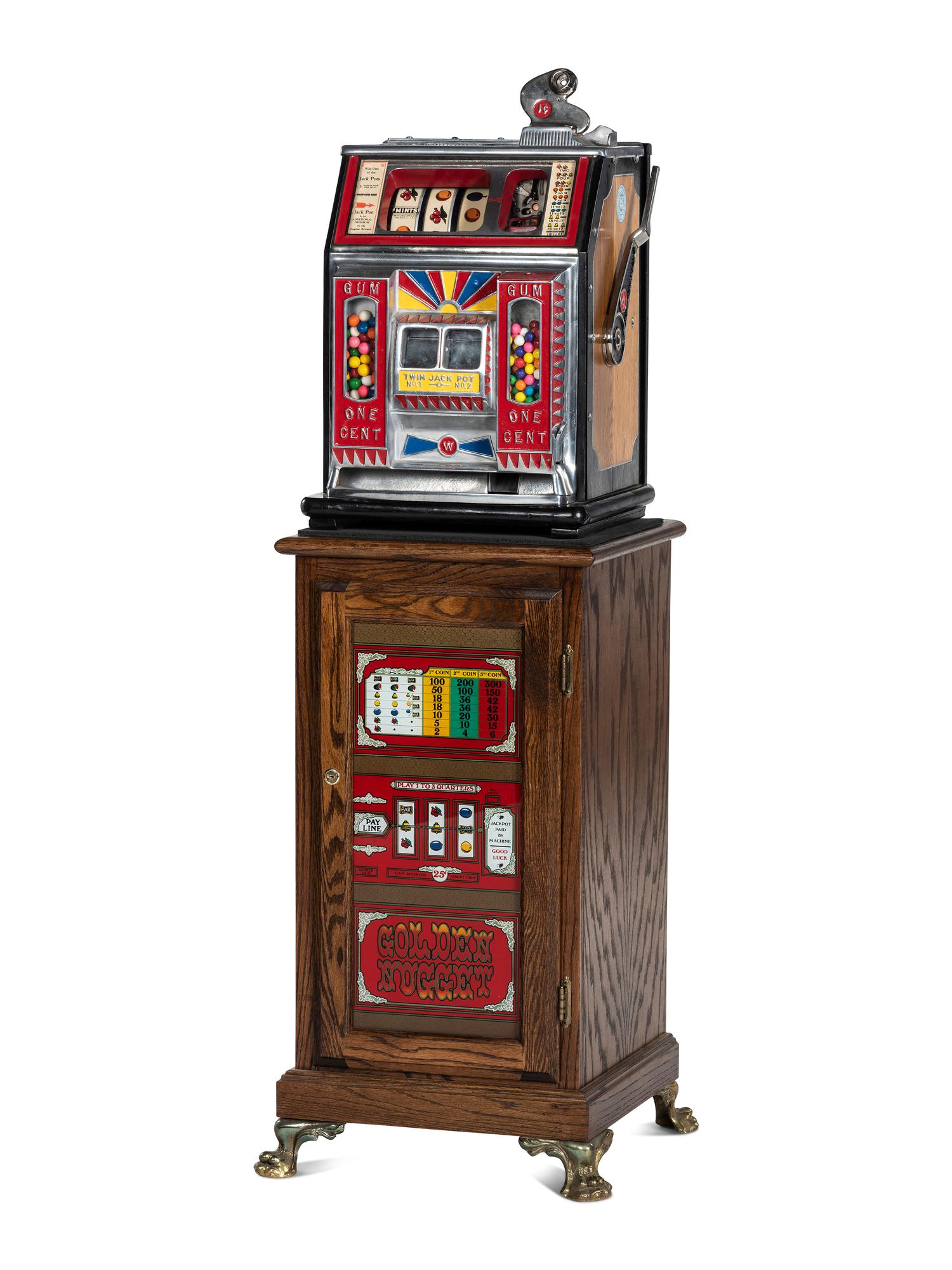 A Watling 1 Cent Dual Jackpot Gum Dispenser Slot Machine on Reverse Printed Glass Inset Golden Nugget Stand