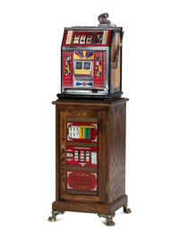 A Watling 1 Cent Dual Jackpot Gum Dispenser Slot Machine on Reverse Printed Glass Inset Golden Nugget Stand