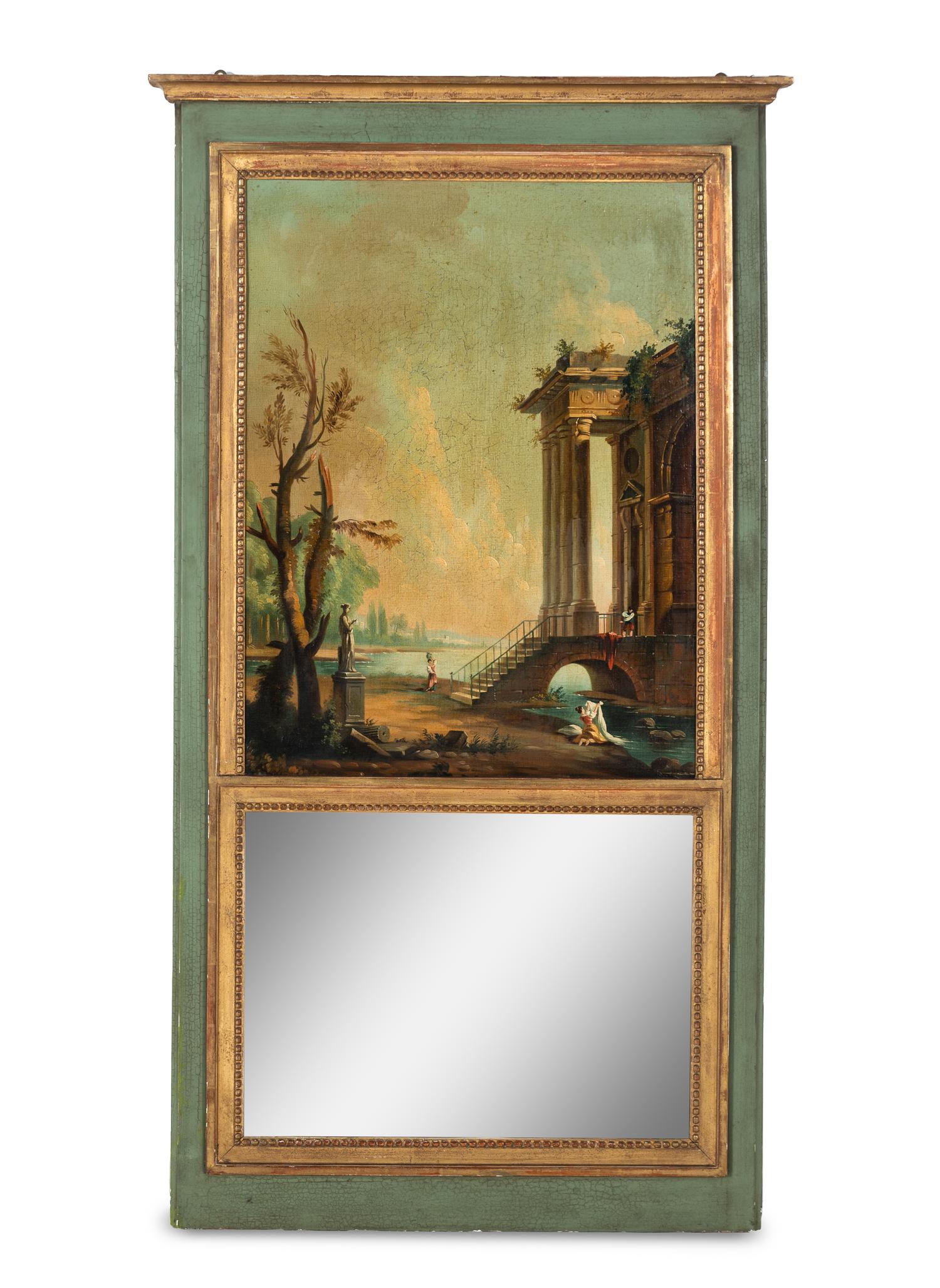 A French Painted and Parcel Gilt Trumeau Mirror