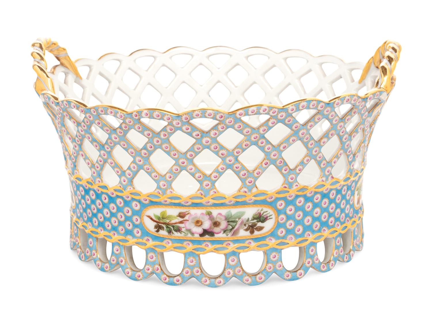 A French Blue-Ground Reticulated Porcelain Basket